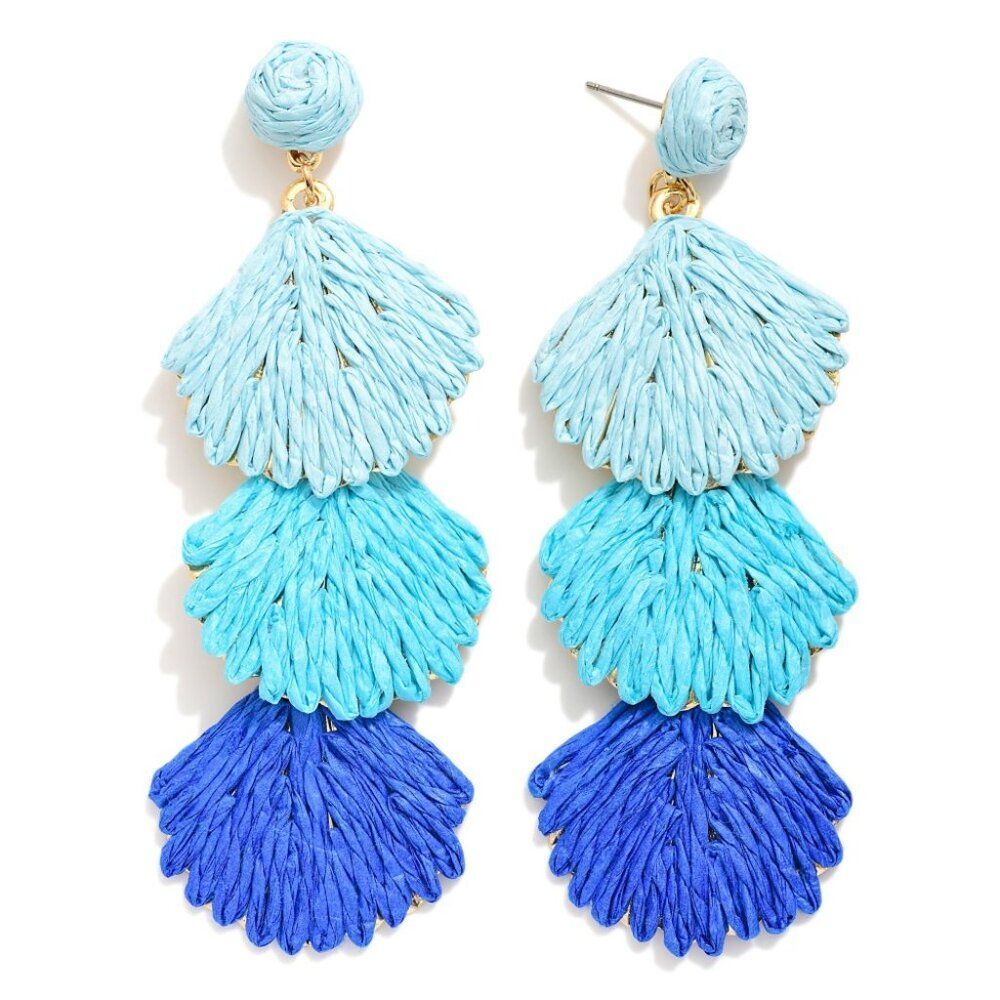 Linked Blue Raffia Wrapped Shell Post Drop Earrin… - image 1